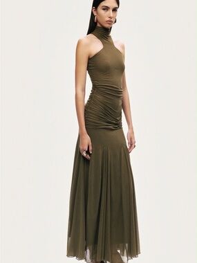 Sleeveless Olive High-Neck Ruched Maxi Dress